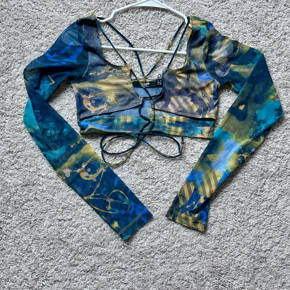 Jaded London Multicolor Mesh crop Top abstract burn print